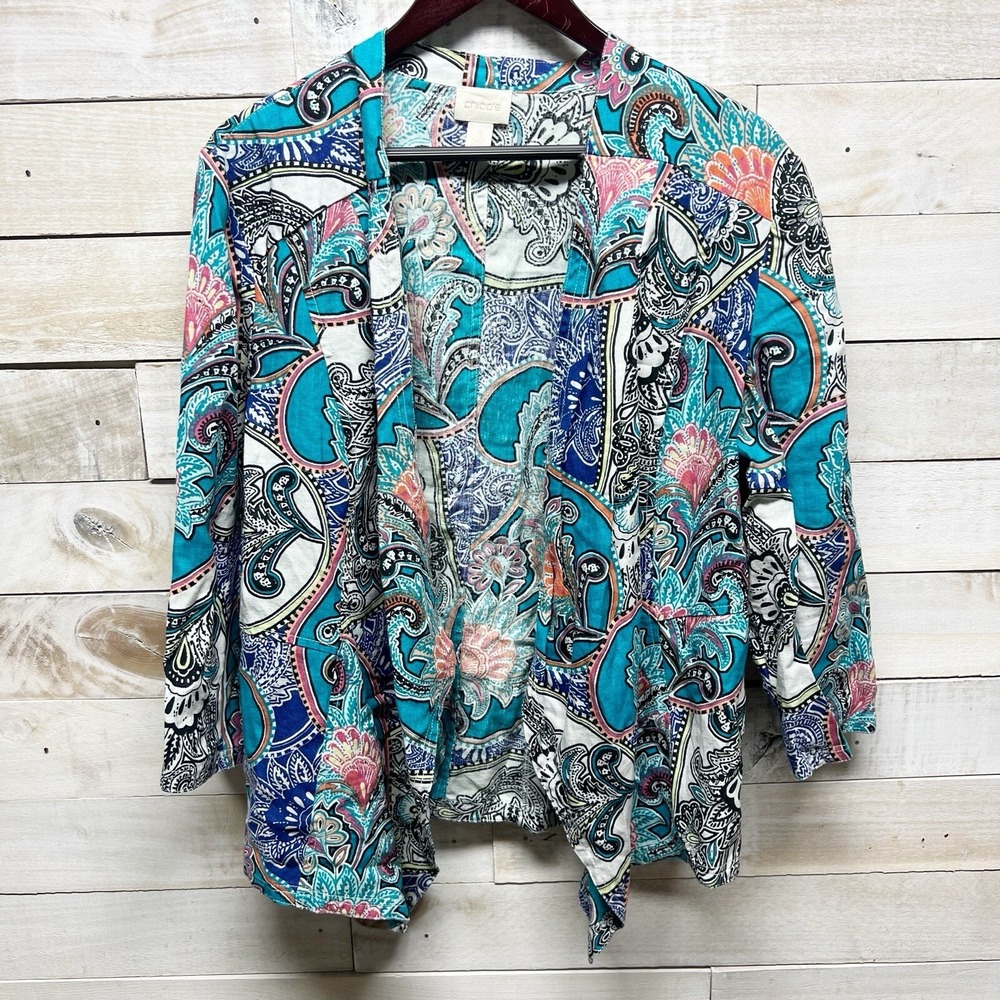 Chicos Linen Jacket Womens 3 US XL Blue Paisley Open Front 3/4 Sleeves Lagenlook
